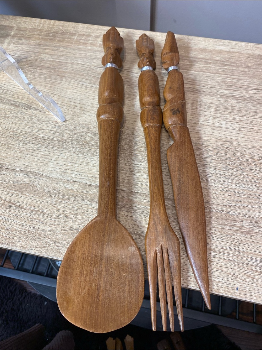 African Carved Wood Wall / Serving KNIFE SPOON FORK 3 Pc Set 15.5” Handcrafted